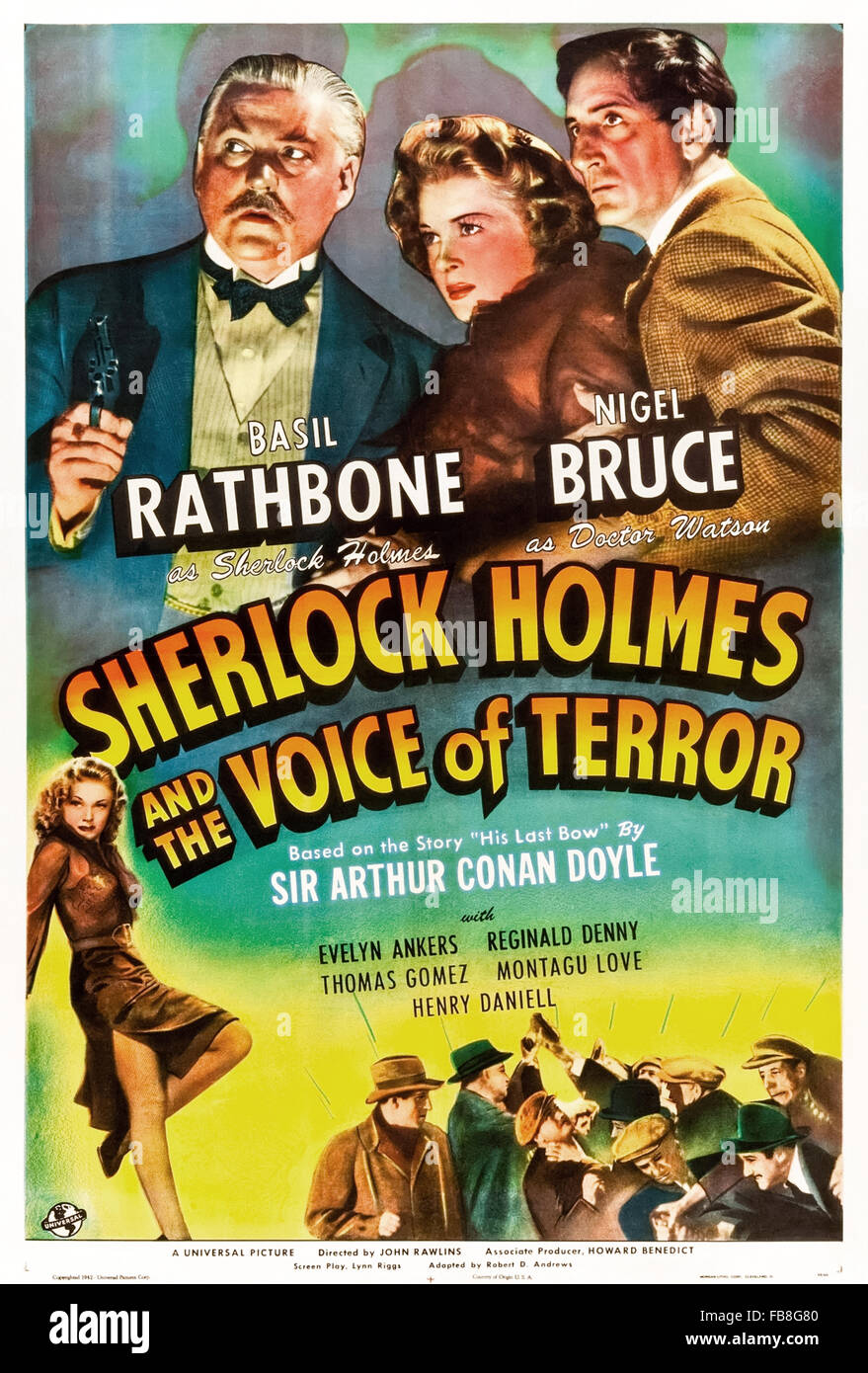 Plakat für "Sherlock Holmes und die Stimme des Terrors" 1942 Film unter der Regie von John Rawlins und Darsteller Basil Rathbone (Holmes); Nigel Bruce (Watson) und Evelyn Anker (Kitty). Siehe Beschreibung für mehr Informationen. Stockfoto