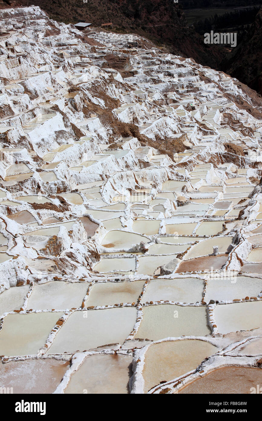 Salinas de Maras Salz Verdampfung Teichen entlang der Hänge des Berges Qaqawiñay, in der Urumbamba Tal, Region Cusco, Peru Stockfoto
