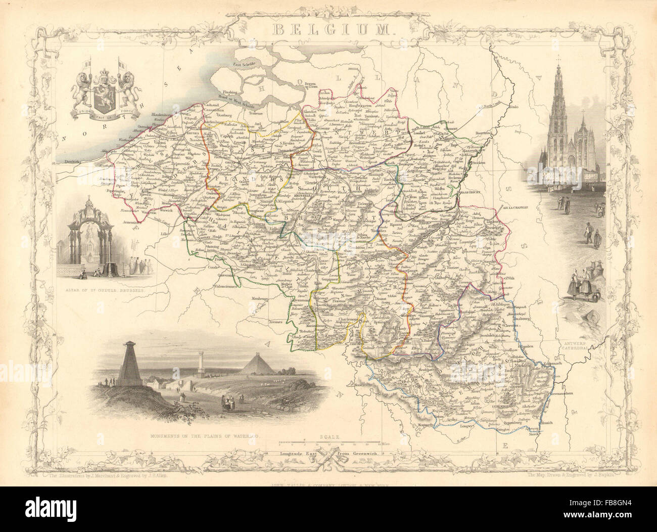 Belgien: Mit Luxemburg. Antwerpen & Waterloo Vignetten. TALLIS/RAPKIN, 1851-Karte Stockfoto