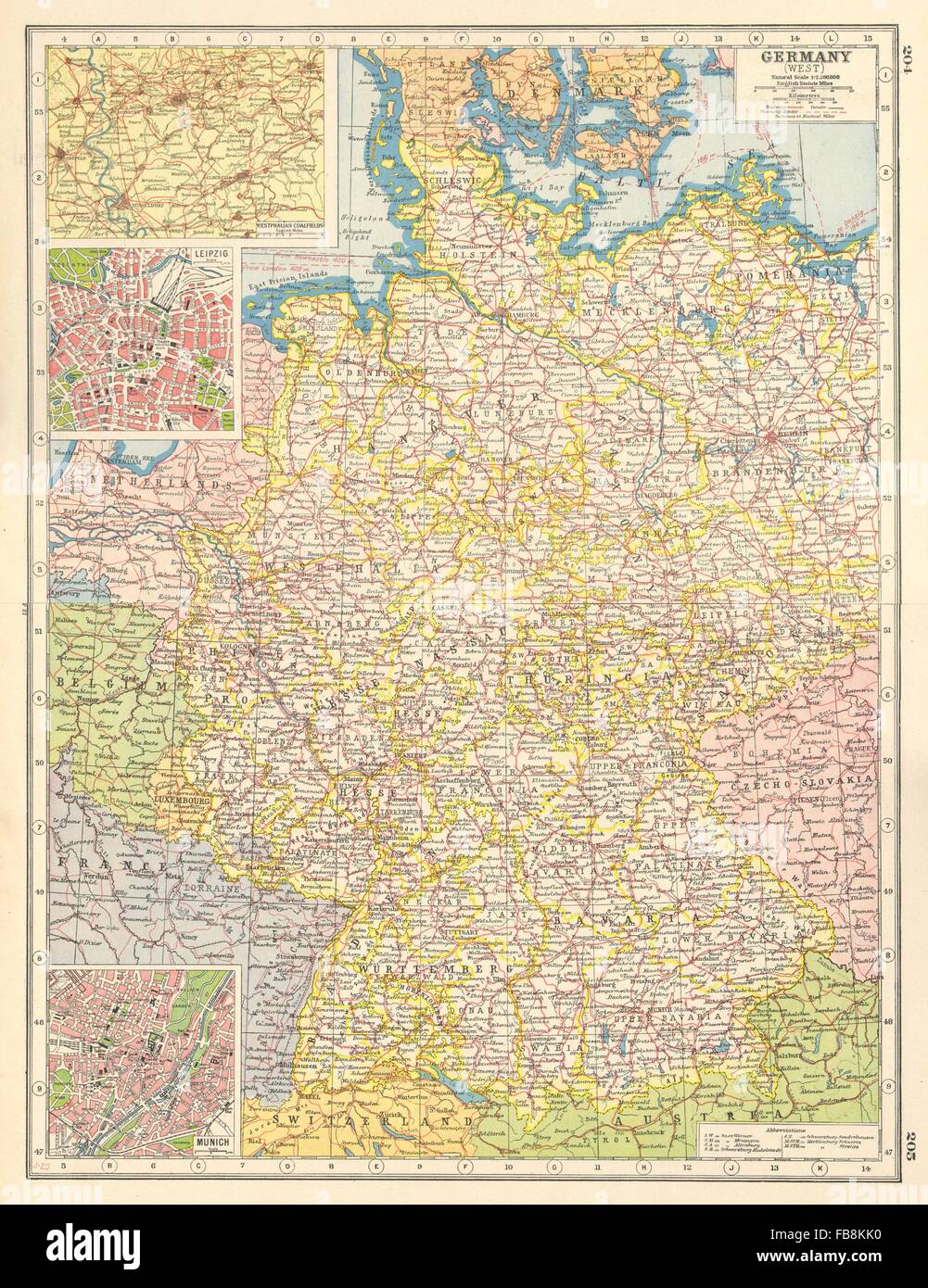 WESTERN Deutschland: Einschub westfälischen Ruhr Kohlenreviere Leipzig München Pläne, 1920-Karte Stockfoto