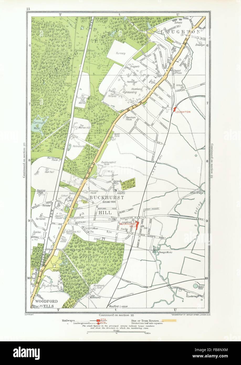 ESSEX. Buckhurst Hill, Loughton, Woodford Wells, Roding Valley, alte Karte 1933 Stockfoto