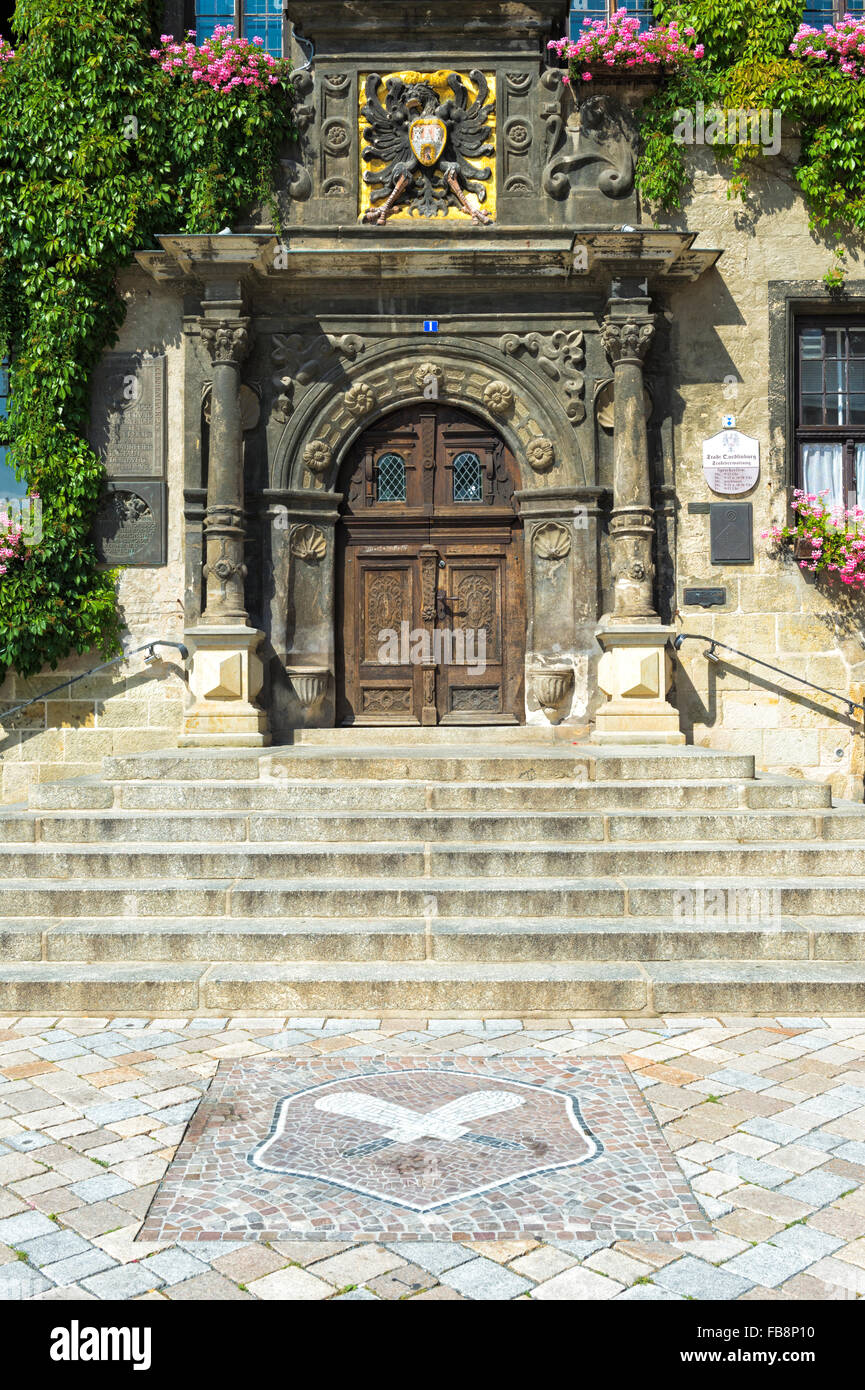 Rathaus, Eingangstür, Quedlinburg, Harz, Sachsen-Anhalt, Deutschland, UNESCO-Weltkulturerbe Stockfoto