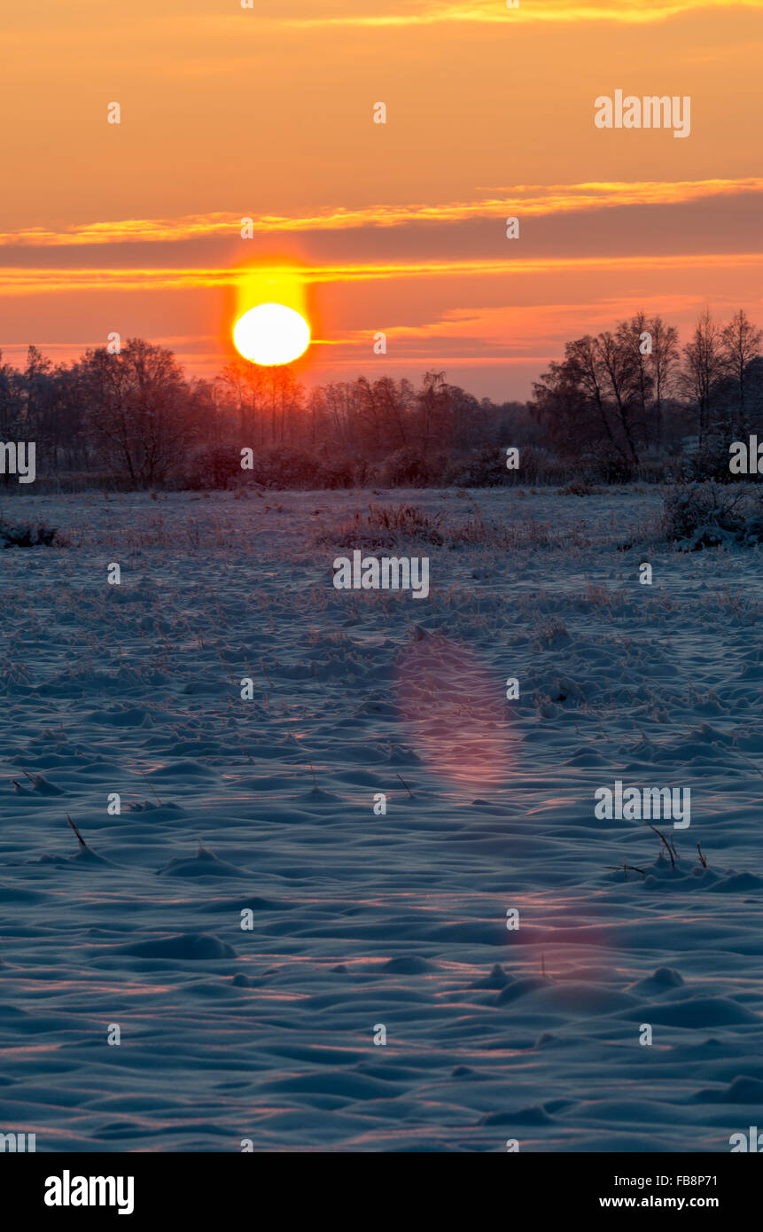Sonnenaufgang am schneebedeckten Feld frostig kalten Temperaturen Stockfoto