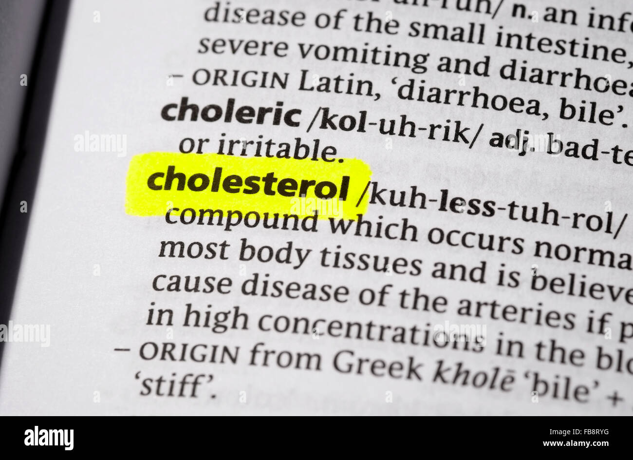 Wörterbuch-Definition für das Wort Cholesterin Stockfoto