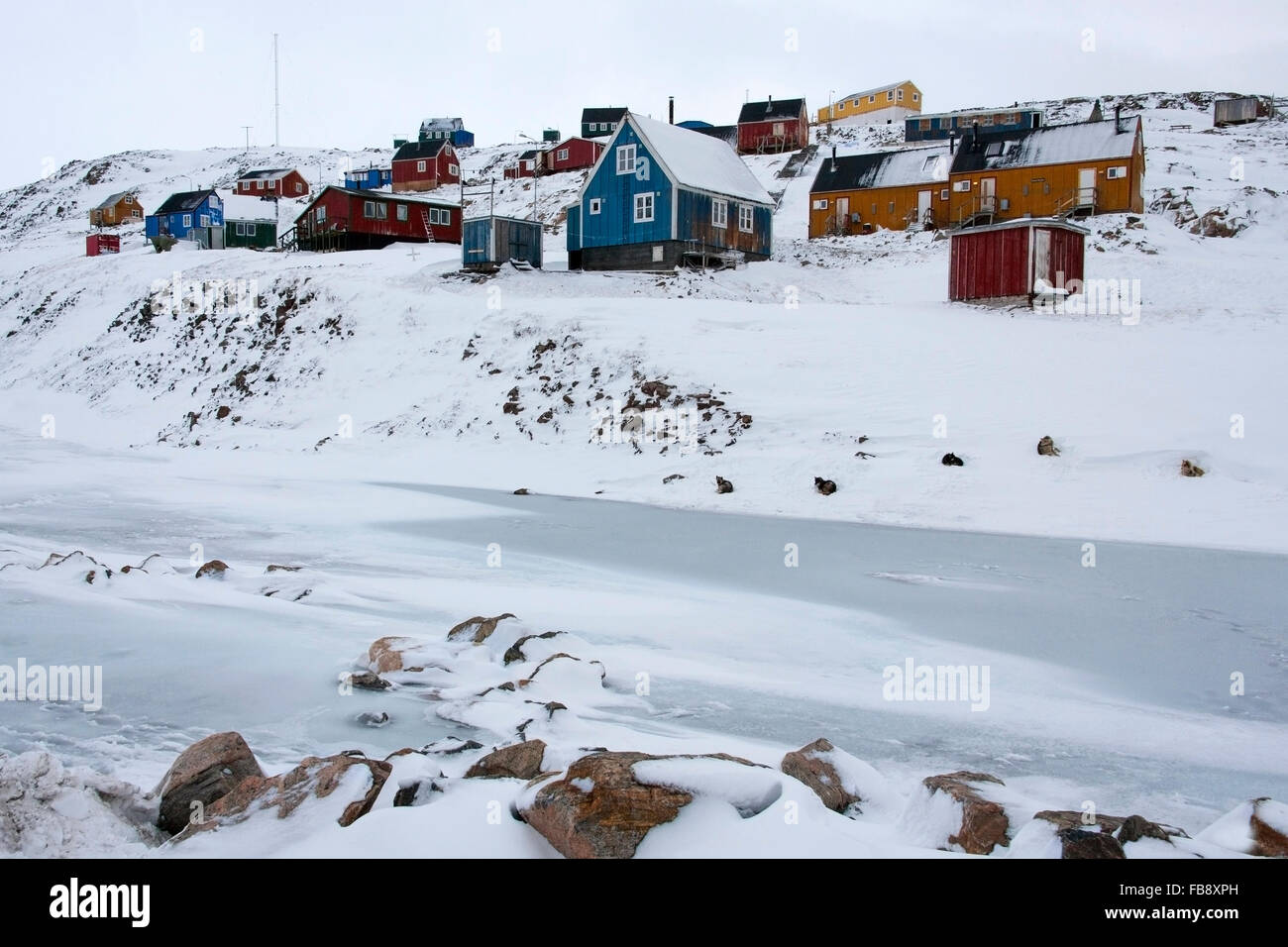 Ittoqqortoormiit an der Küste des östlichen Grönland. Stockfoto