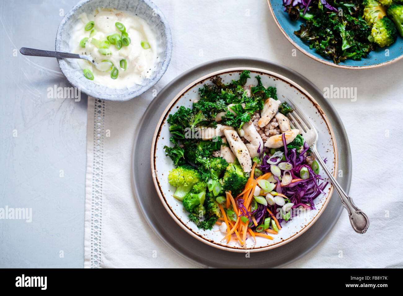 Gesunder Salat mit Buchweizen, Huhn, Brokkoli, knusprige Grünkohl und Rotkohl Stockfoto