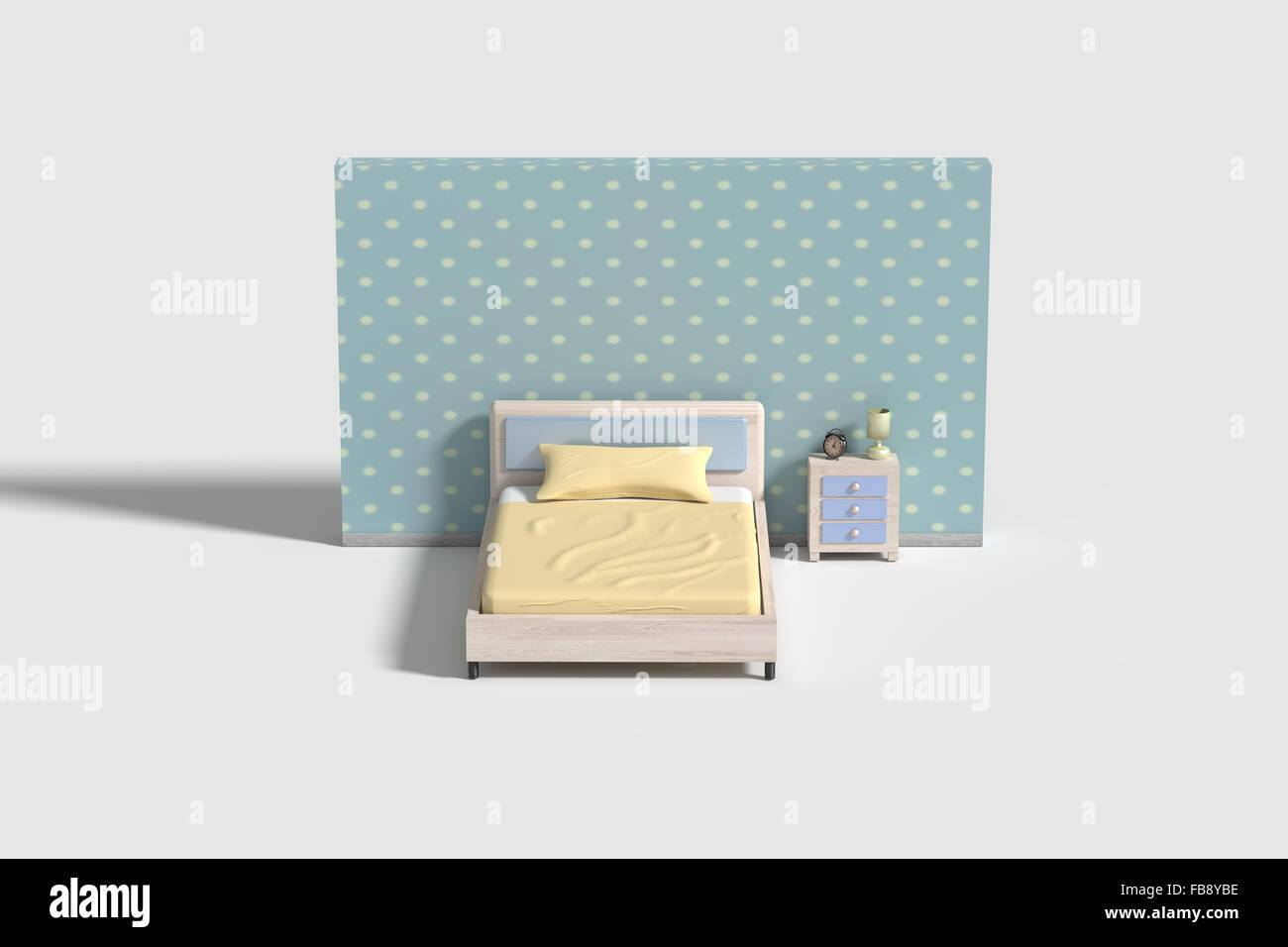 3D Rendeing von einem Schlafzimmer Innenraum in weißen, blauen und gelben Farben. Abbildung Stockfoto