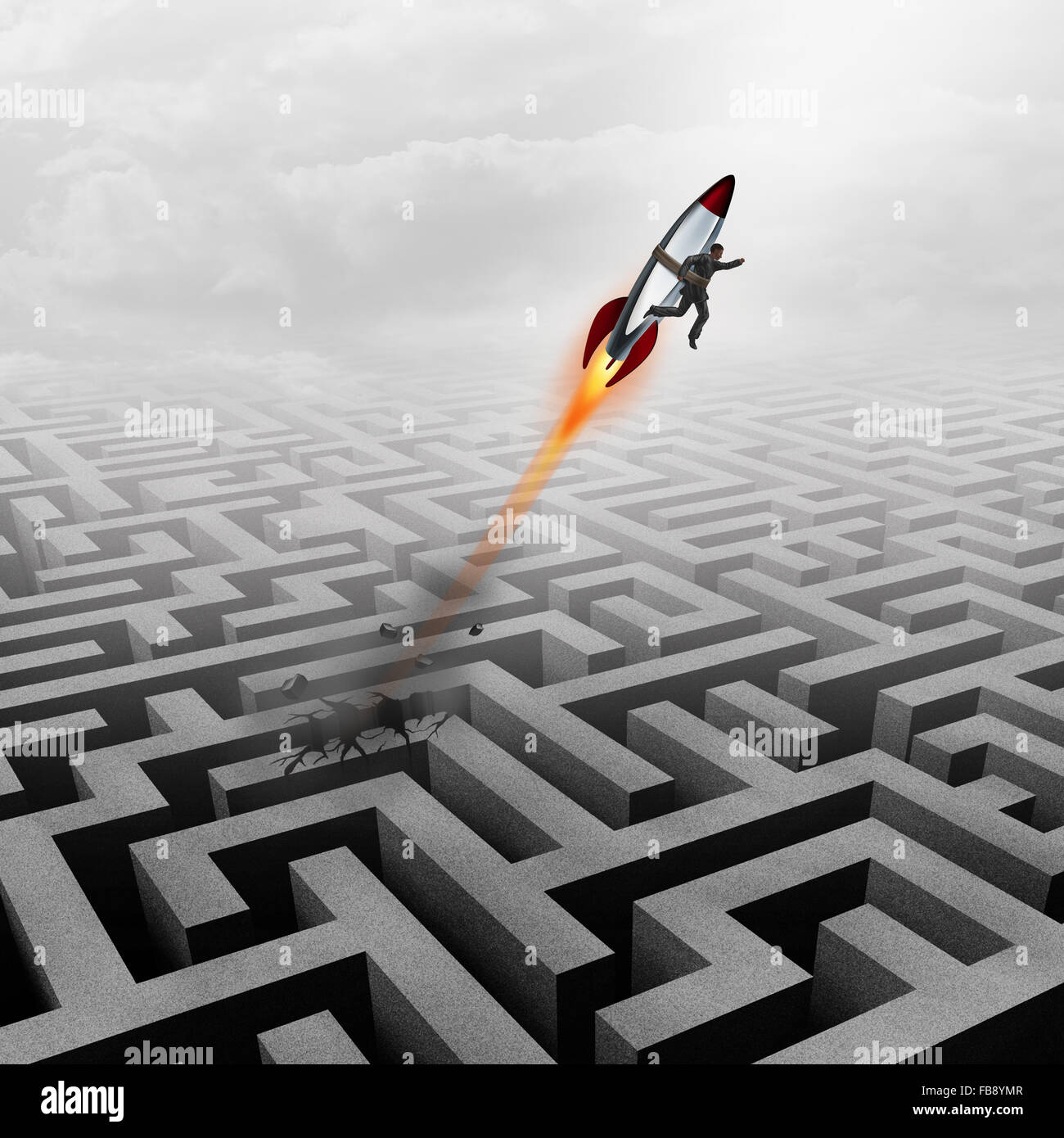 Business-Erfolg-Konzept und erfolgreicher kluger Geschäftsmann Motivation Metapher als ein Mann mit einer Rakete nach oben Richtung ein berufliches Ziel die Nachwirkungen einer metaphorischen Labyrinth Puzzle Hindernis aus einem Labyrinth zu brechen. Stockfoto