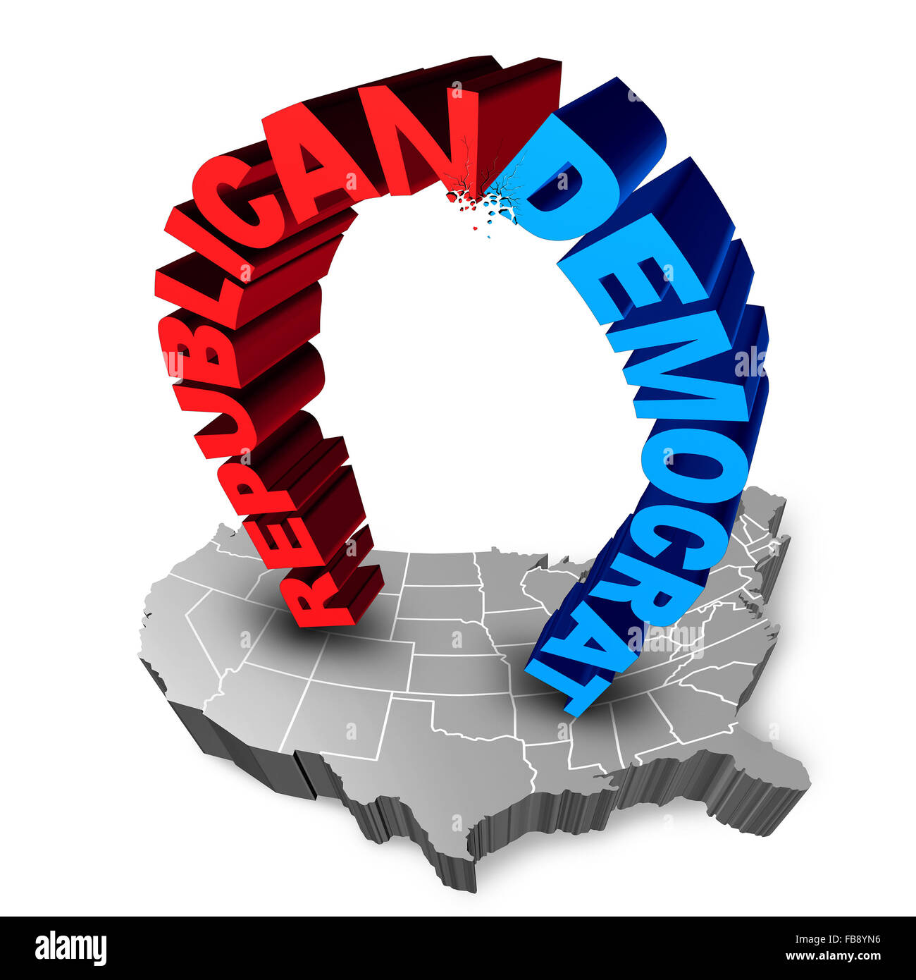 US-Wahl-Kampf als Republikaner oder Demokrat als zwei drei dimensionalen Text Symbole auf einer Karte von den Vereinigten Staaten kämpfen um die Abstimmung für Präsidenten oder Regierung sitzen. Stockfoto
