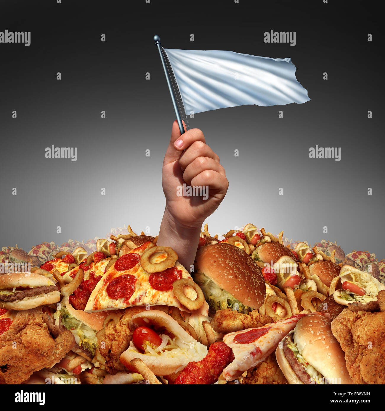 Junk-Food Kapitulation und Verzicht auf fetthaltige Lebensmittel oder beenden einen hohe Fett Lebensstil und Diät Konzept wie eine Hand mit einer weißen Flasg ertrinken in einem Haufen von fettiges Fastfood als Metapher für die Änderung der Essgewohnheiten durch Verzicht auf diätetische Beratung zu helfen. Stockfoto