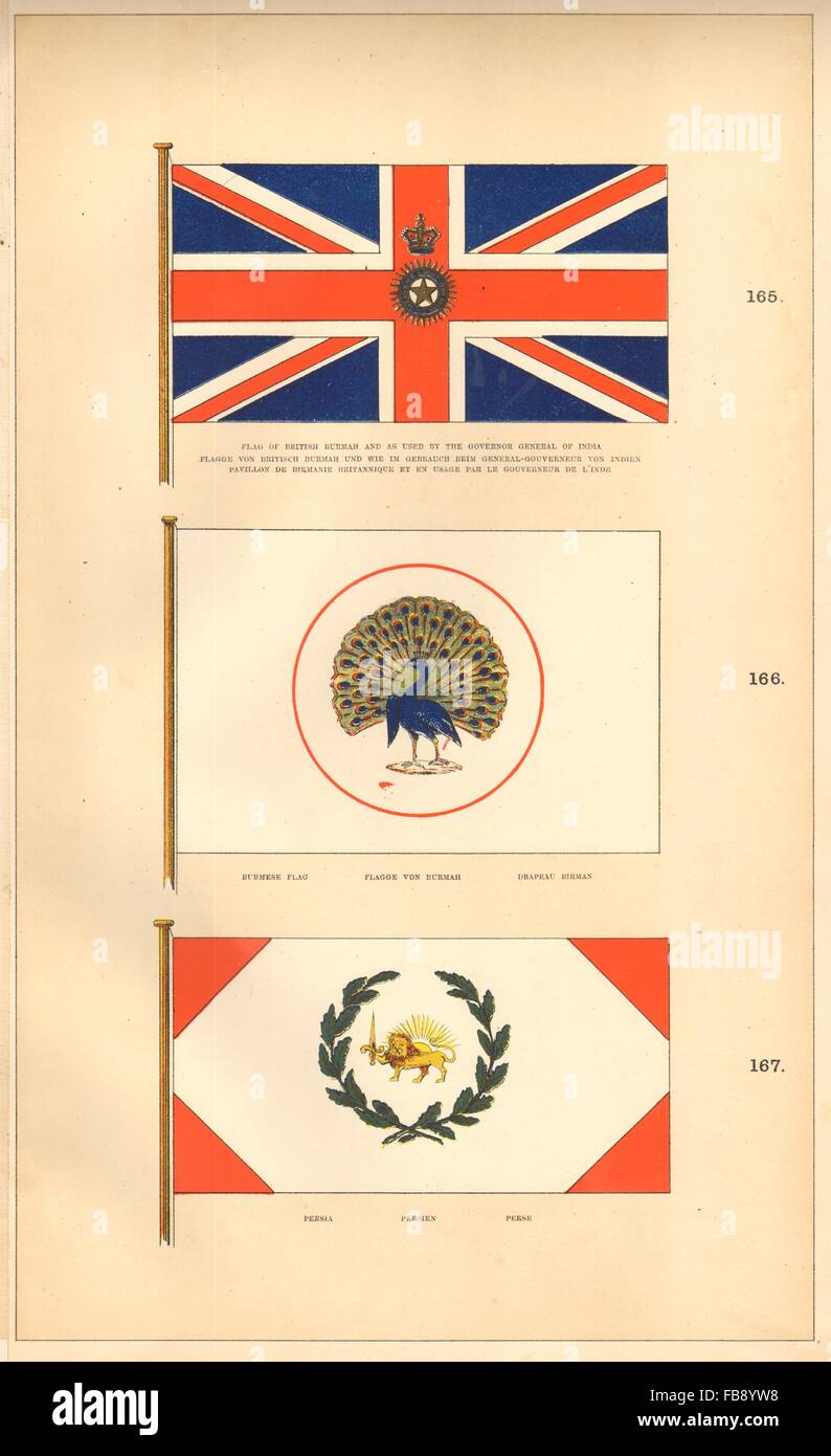 BURMESISCHE & PERSISCHE FLAGS. Britische Burmah & Gov-Gen von Indien. Iran. HOUNSELL, 1873 Stockfoto
