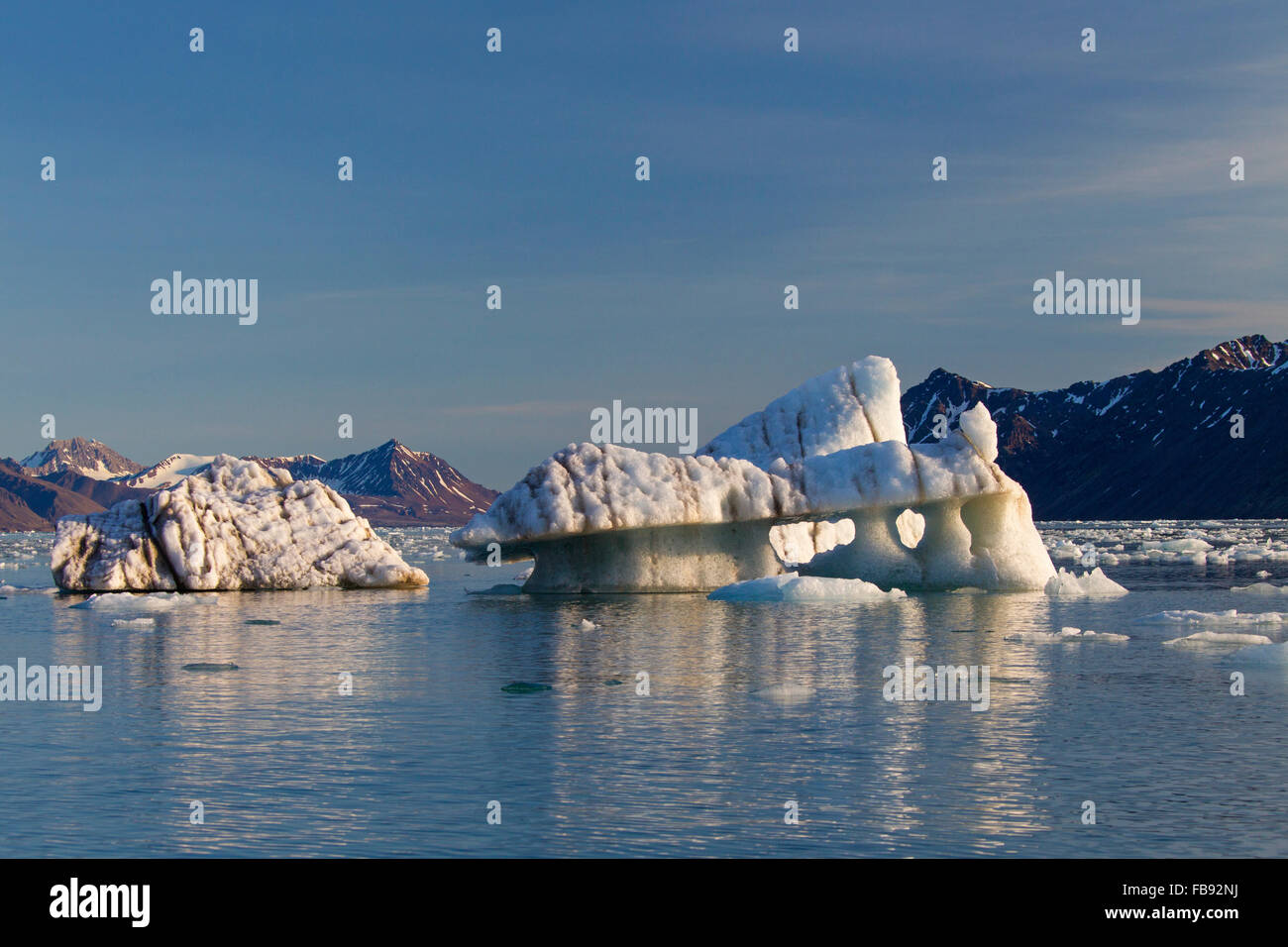 Schmelzenden Eisschollen gekalbt vom Lilliehöökbreen Gletscher treiben in Lilliehöökfjorden, Fjord in Krossfjorden, Spitzbergen, Svalbard Stockfoto