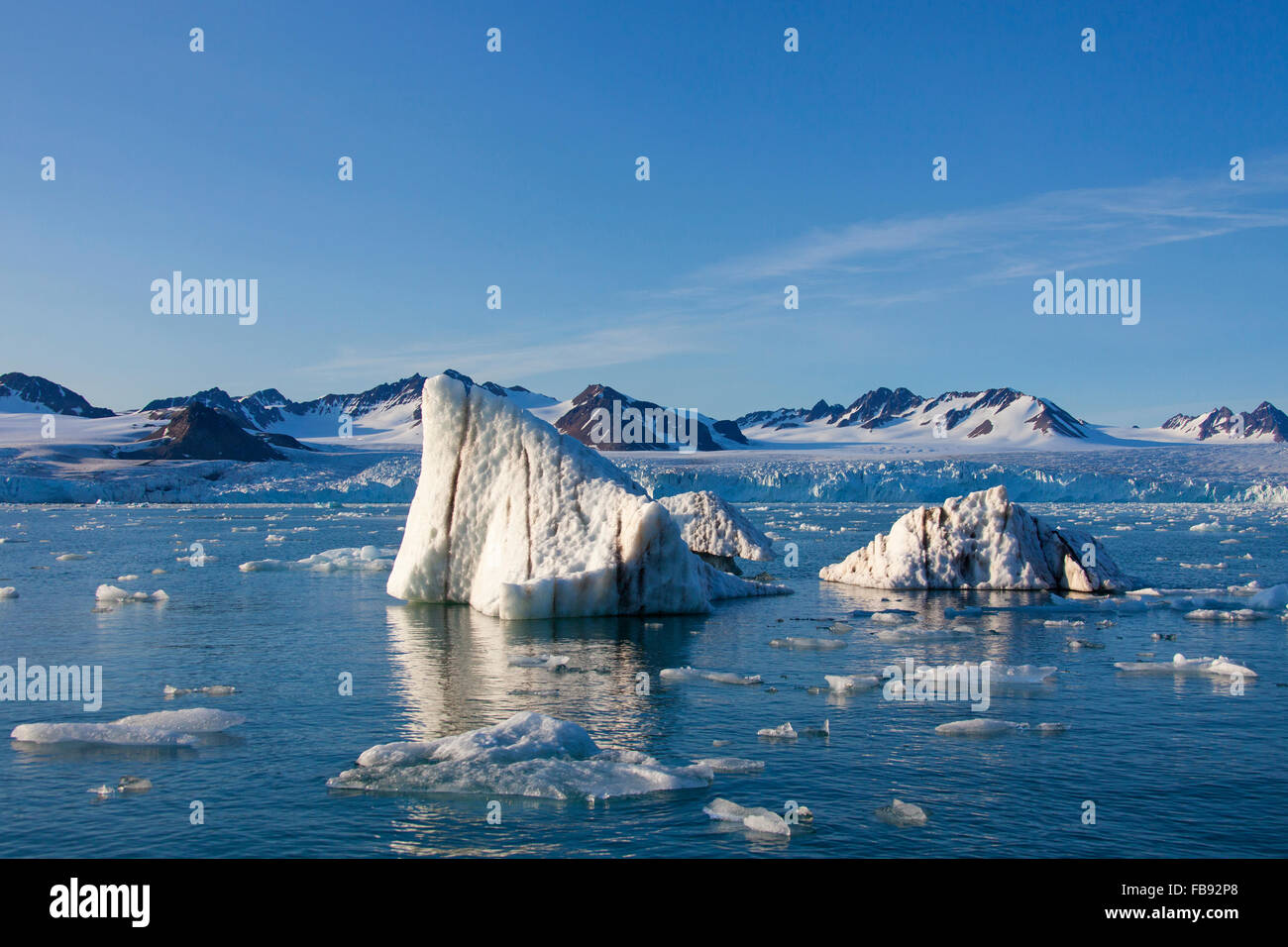Eisschollen gekalbt vom Lilliehöökbreen Gletscher treiben in Lilliehöökfjorden, Fjord Zweig der Krossfjorden, Spitzbergen, Svalbard Stockfoto