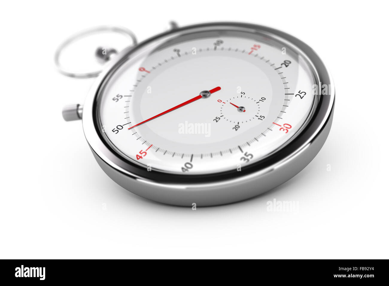 Chronograph mit roten Zeiger auf weißem Hintergrund Unschärfe-Effekt. Konzept der Messung oder Pünktlichkeit Stockfoto