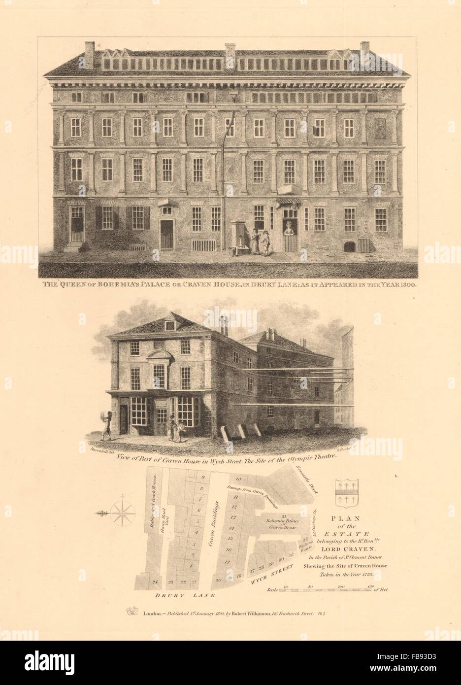 CRAVEN & Anwesen Königin von Böhmen Palast Drury Lane Wych Street, 1834 Karte Stockfoto