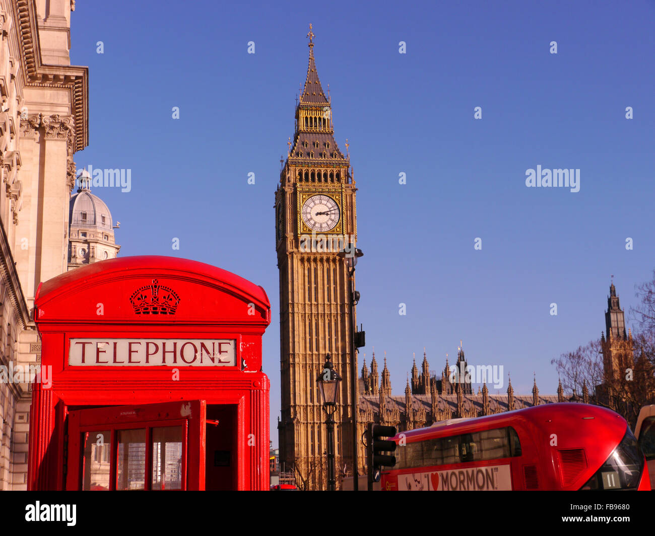 Big Ben, rote Telefonzelle und London-bus Stockfoto