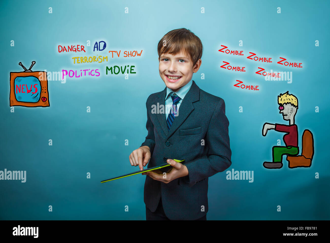 junge Unternehmer arbeitet an Tablet Medien Einfluss Zombies tv neu Stockfoto