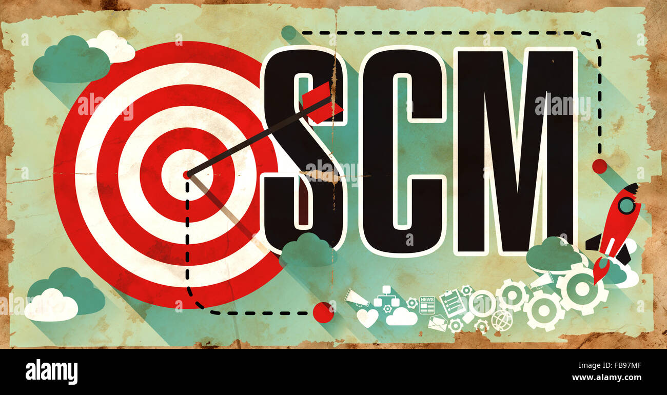 SCM - Supply Chain Management - Konzept. Poster auf altem Papier im Flat Design mit langen Schatten. Stockfoto