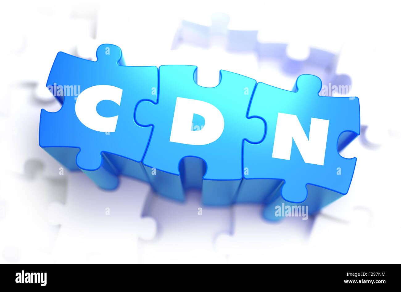 CDN - Content-Delivery-Vertrieb - weiße Wort auf blauen Rätsel auf weißem Hintergrund. 3D Illustration. Stockfoto