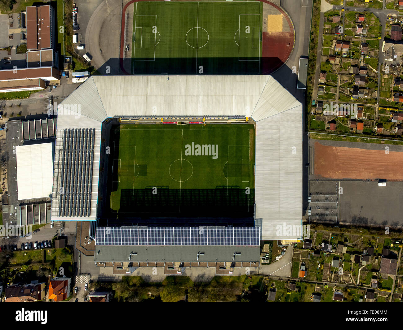 Luftaufnahme, das Stadion des dritten nationalen Liga Club Arminia Bielefeld, deutscher Sportclub Arminia Bielefeld e. V., SchücoArena Stockfoto