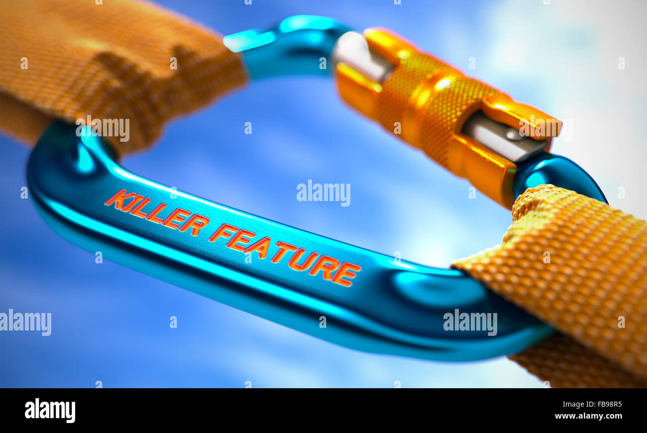 Starke Verbindung zwischen blauen Karabiner und zwei orangefarbene Seile als Symbol für das Killer-Feature. Selektiven Fokus. Stockfoto