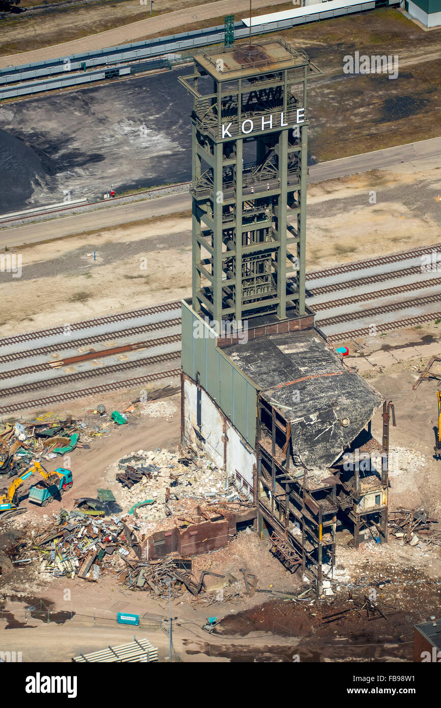 Luftaufnahme, letzte Relikt der Ära mine Walsum, Abbruch Zeche Turm Walsum, Ruhrkohle, Kohle, Schriftzüge, Duisburg, Ruhr, Stockfoto