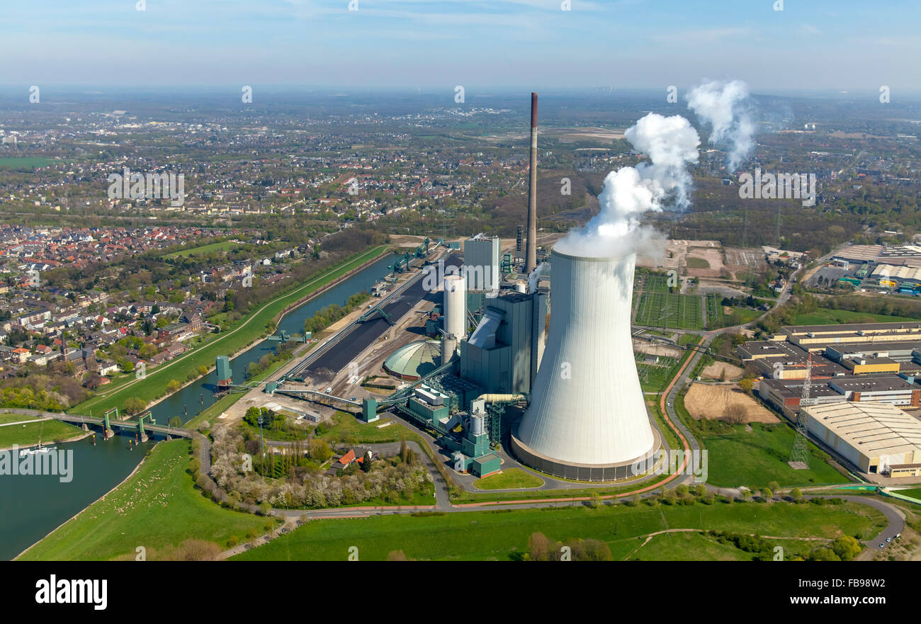 Luftaufnahme, letzte Relikt der Ära Bergwerk Walsum, Kohle, Schriftzüge, STEAG-Kohlekraftwerk Walsum, Rheinberg, Ruhrgebiet, NRW Stockfoto