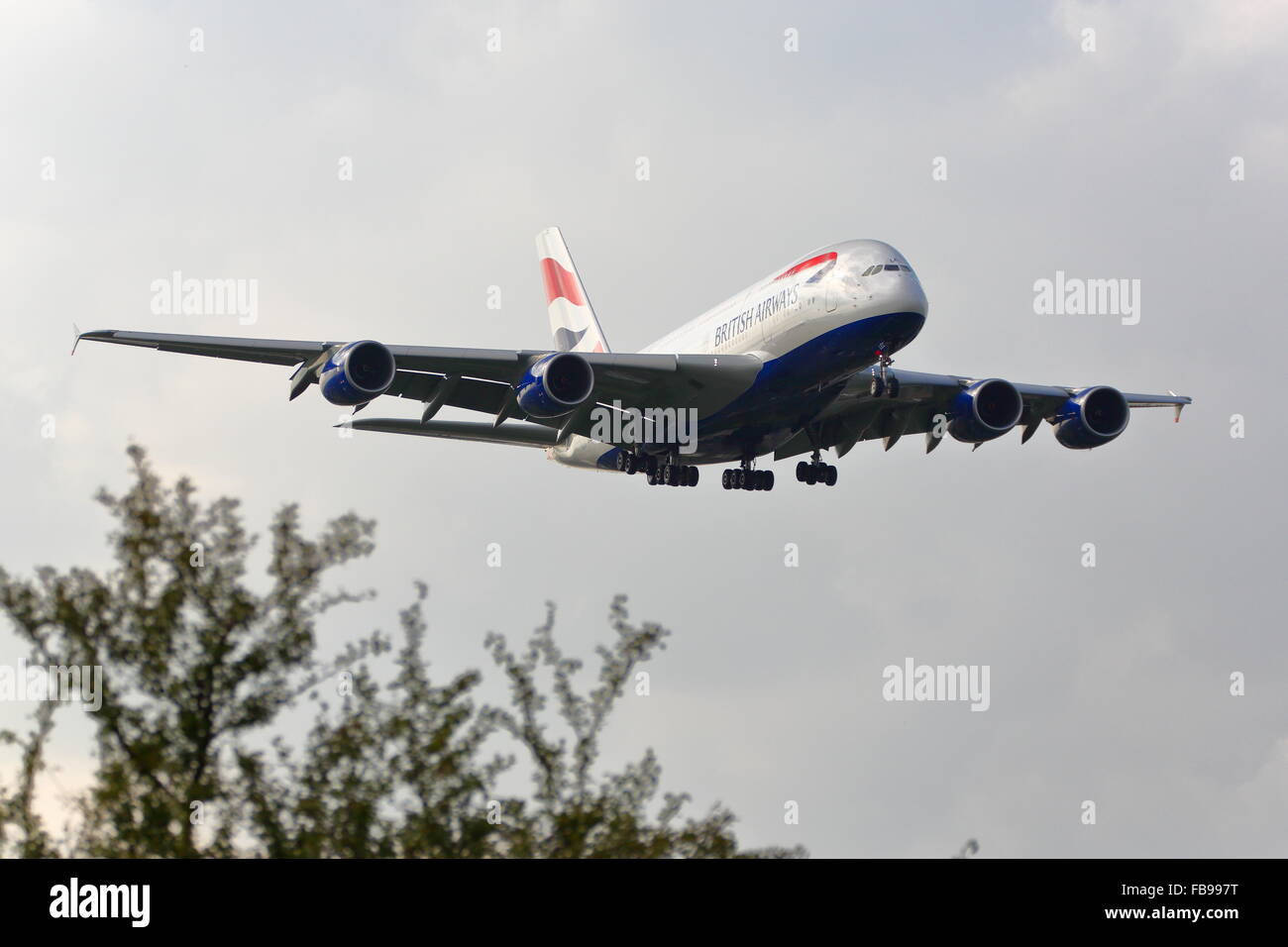 British Airways Airbus A380-800 G-XLEC Landung in Heathrow Stockfoto