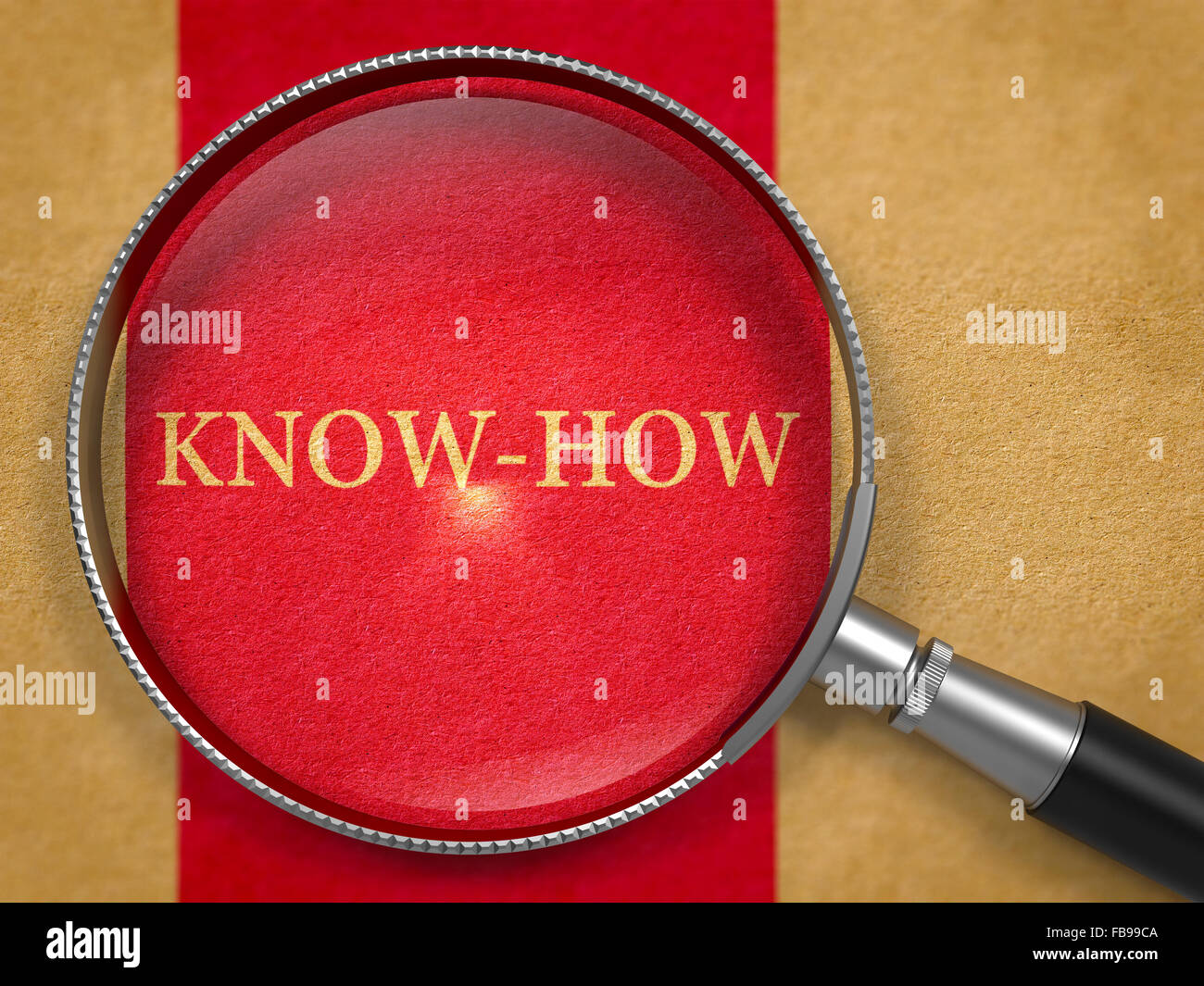 Know-How durch Lupe auf altes Papier mit dunkel rote vertikale Linie Hintergrund. Stockfoto