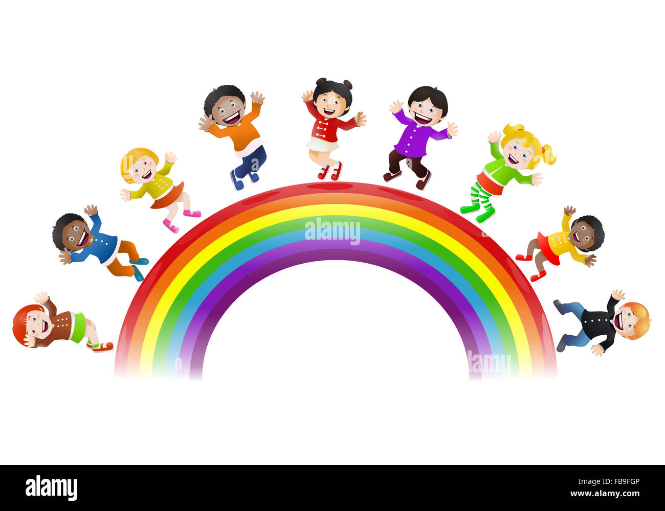 Darstellung der verschiedenen Kinder glücklich Seins auf Regenbogenbrücke isoliert auf weißem Hintergrund Stockfoto