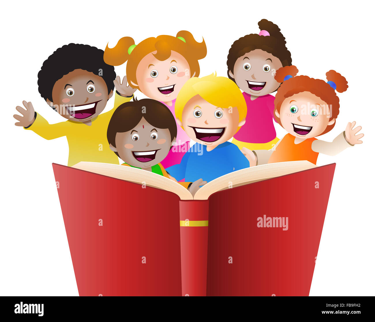 Abbildung von Multi-Kulti-Kindern große Buch in isolierten weißen Hintergrund Stockfoto