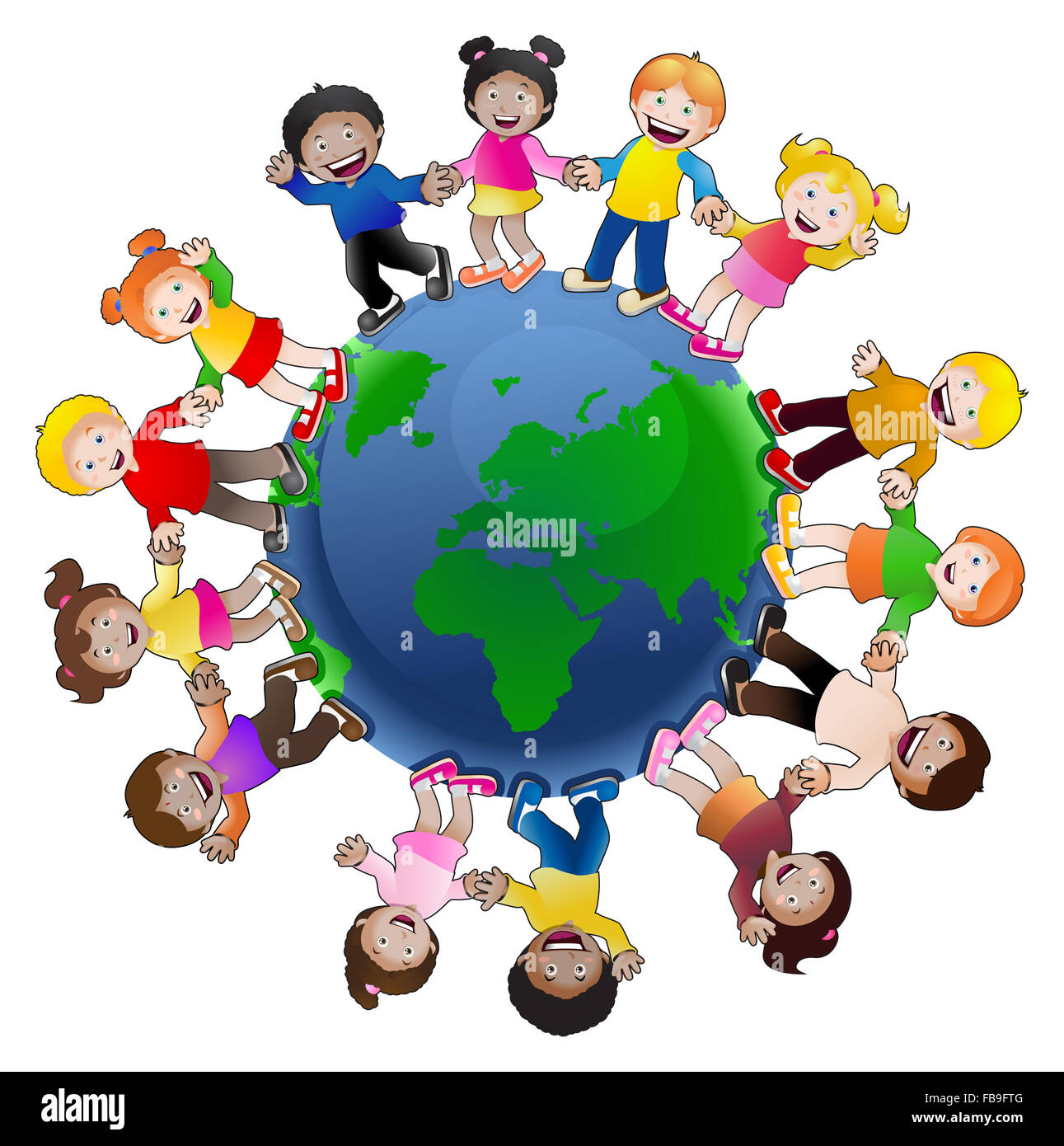 Illustration des Multi-Kulti-Kinder Hand in Hand rund um den Globus symbolisiert Welt Einheit und des Friedens isoliert auf weiss Stockfoto