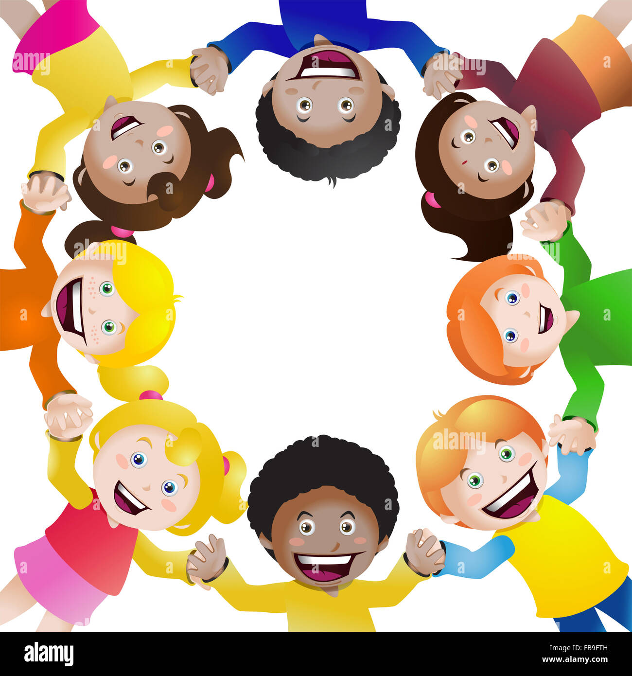 Illustration des Multi-Kulti-Kinder Hand in Hand im Kreis auf weißem Hintergrund isoliert Stockfoto