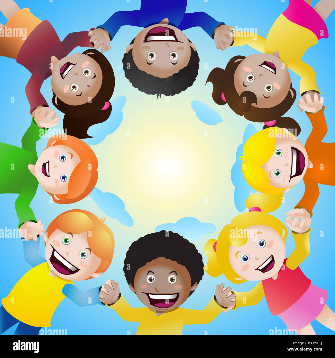 Illustration des Multi-Kulti-Kinder halten Hände im Kreis, als Symbol für Welt-Einheit und des Friedens Stockfoto