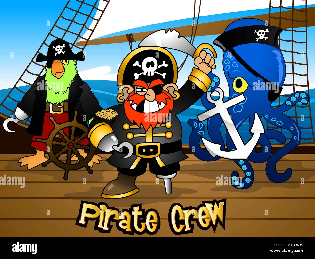Piratencrew mit dem Kapitän auf dem Schiffsdeck eines. Stock Vektor