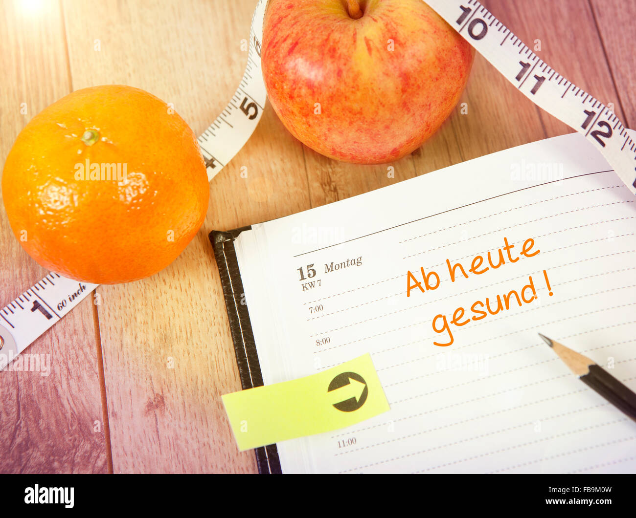 einen Kalender mit Früchten, ab heute gesund Stockfoto