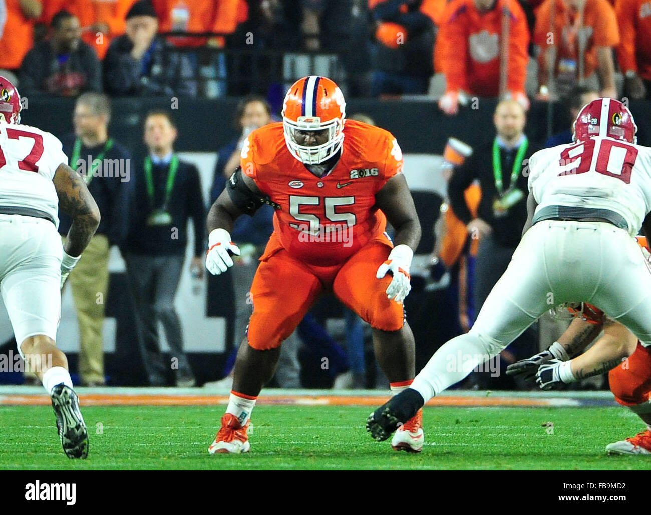 Glendale, AZ, USA. 11. Januar 2016. Tyrone Crowder #55 der Clemson College Football Playoff-Landesmeisterschaft Spielverlauf 2016 zwischen der Alabama Crimson Tide und der Clemson Tigers im University of Phoenix Stadium in Glendale, AZ John Green/CSM/Alamy Live News Stockfoto