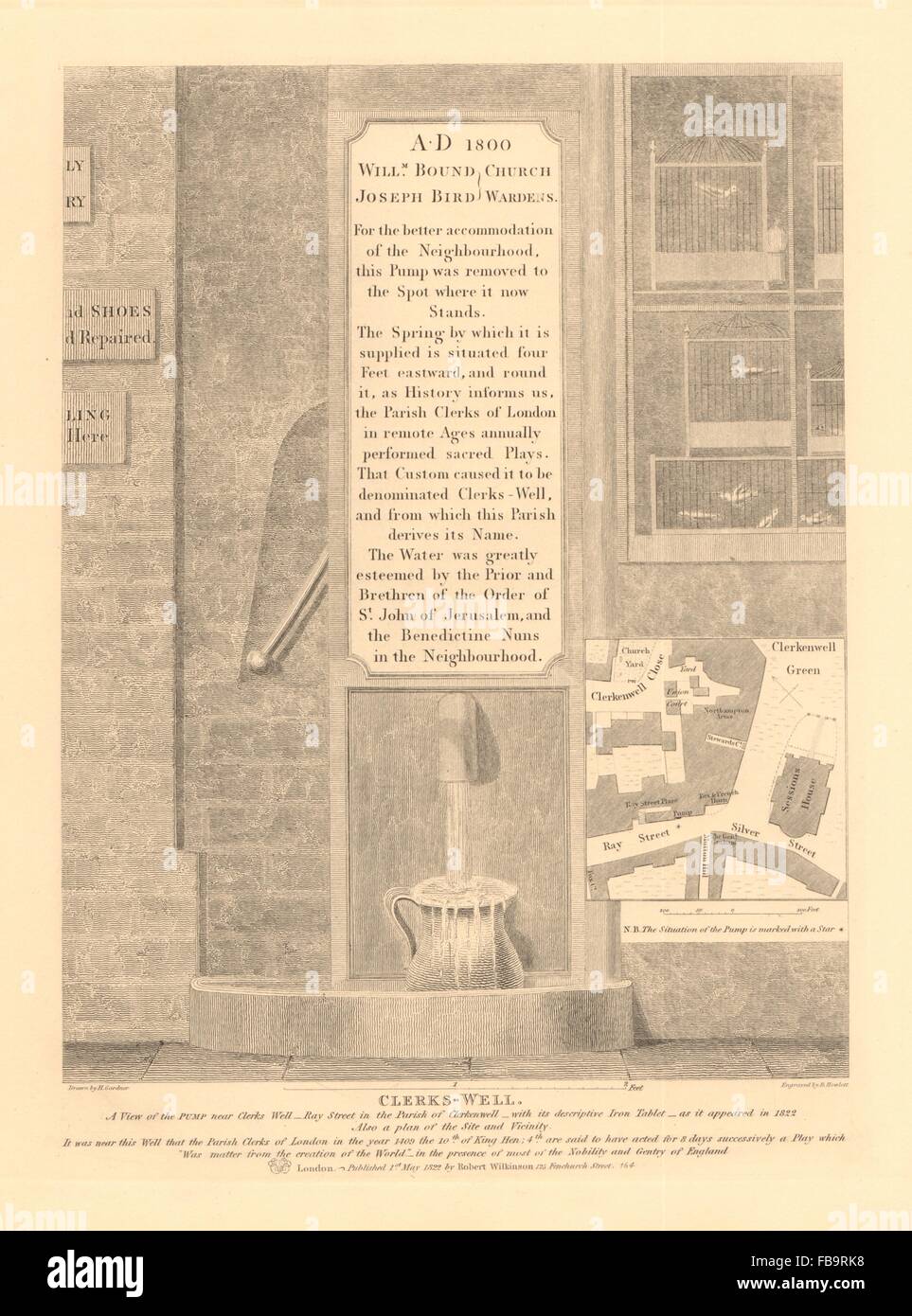 CLERKENWELL Clerks gut. Ray/Silver Street Farringdon Lane enge Green, 1834-Karte Stockfoto