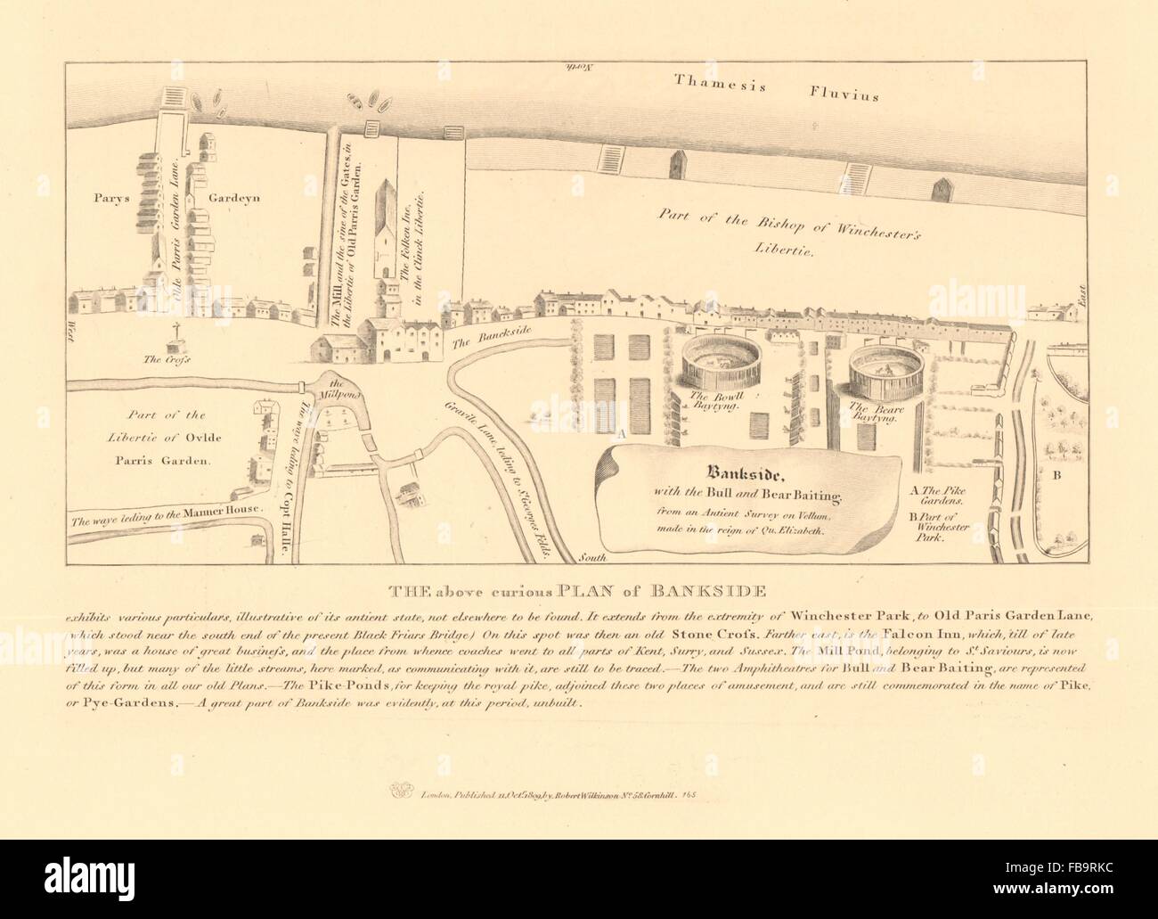 BANKSIDE von 16C planen. Bull & Bear baiting. Paris-Garten. Das Klimpern, 1834-Karte Stockfoto
