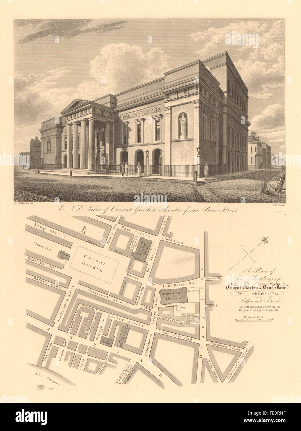 COVENT GARDEN Plan. Theatre Royal/Opernhaus. Theatre Royal Drury Lane. Lyzeum, 1834-Karte Stockfoto