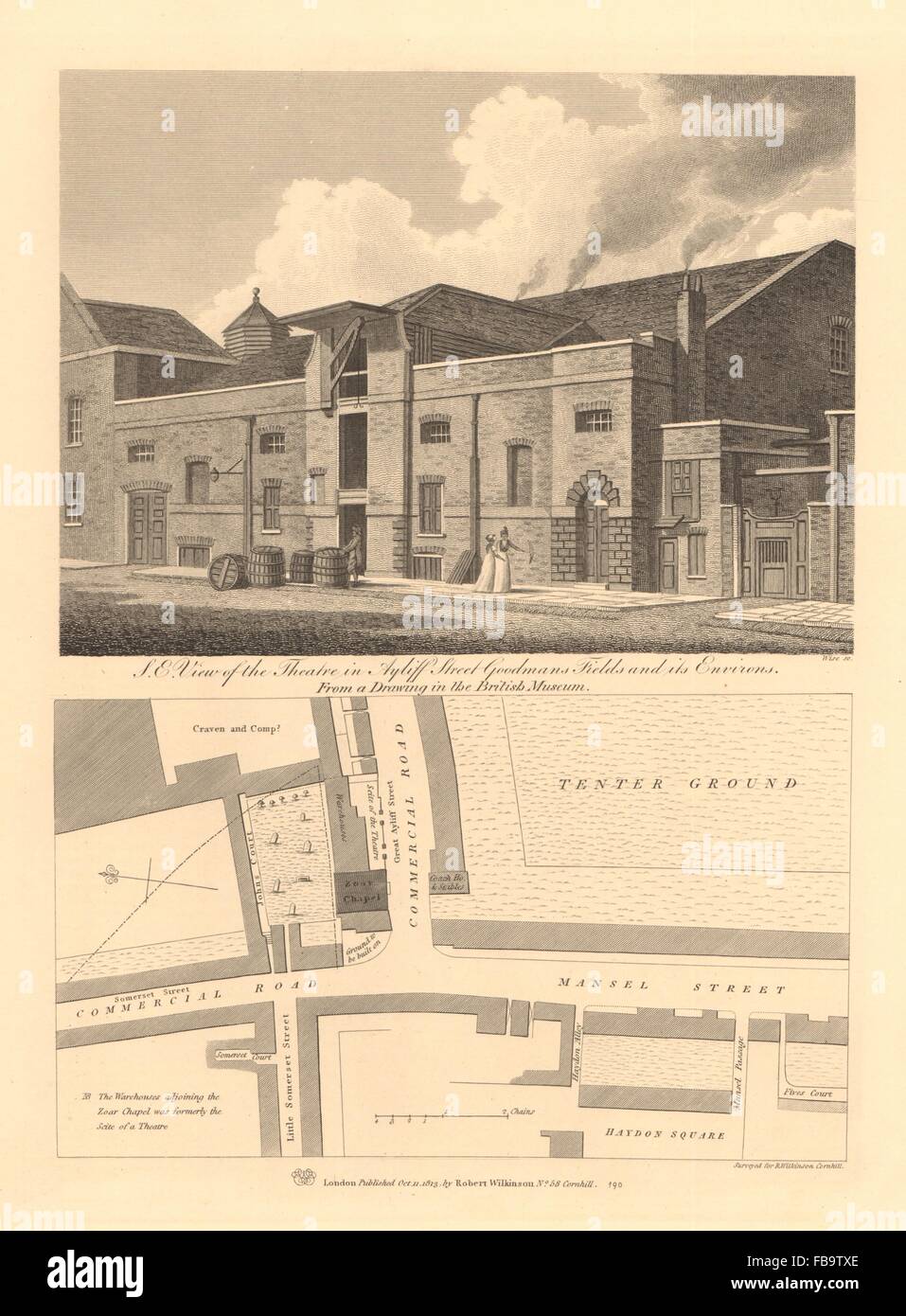 GOODMANS FIELDS THEATRE, Ayliffe St (Alie Street). Mansell Straße Plan, 1834-Karte Stockfoto