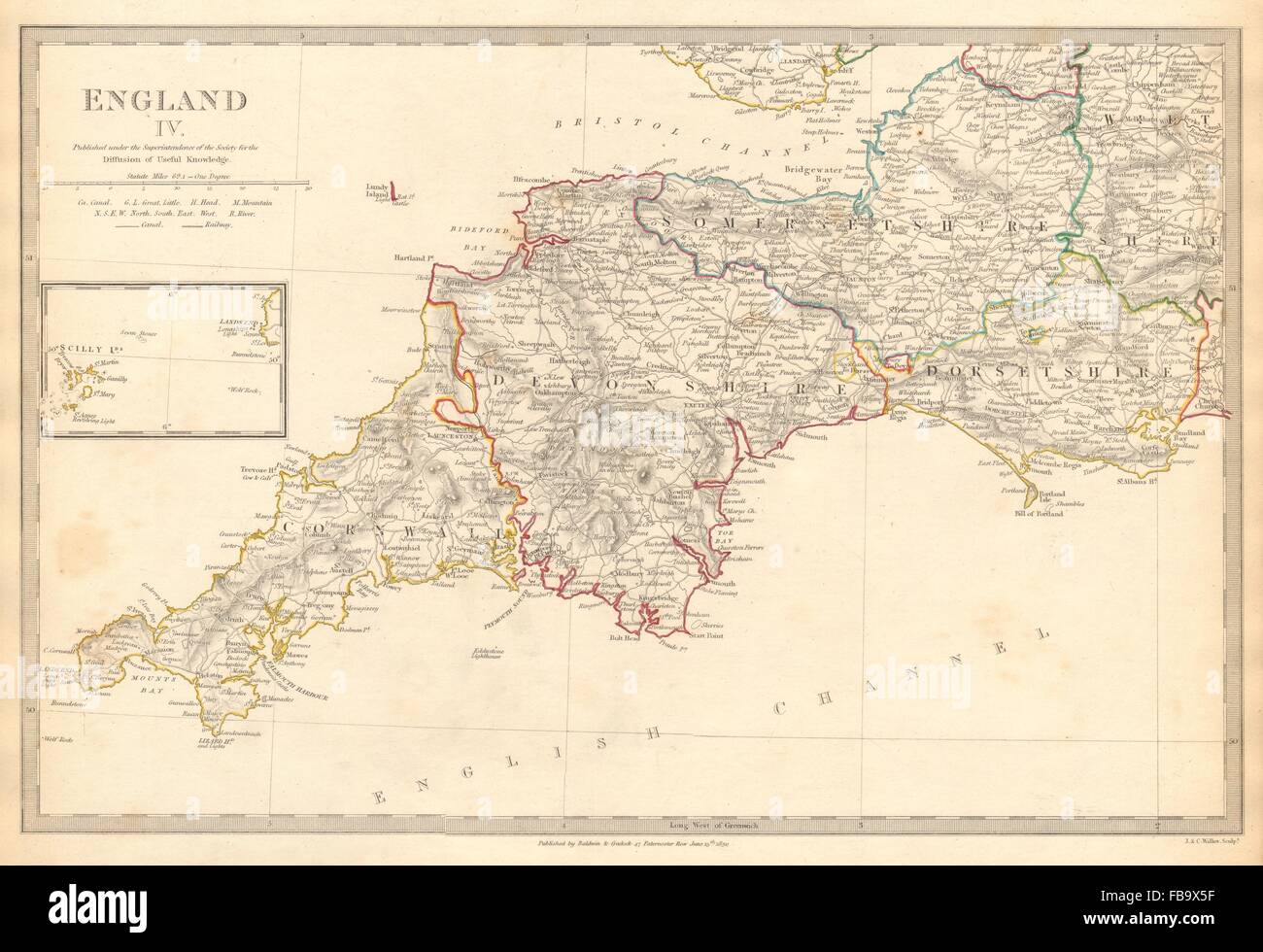 SÜD-WEST ENGLAND. Cornwall Devon Somerset Dorset Scilly-Inseln. SDUK, 1844-Karte Stockfoto