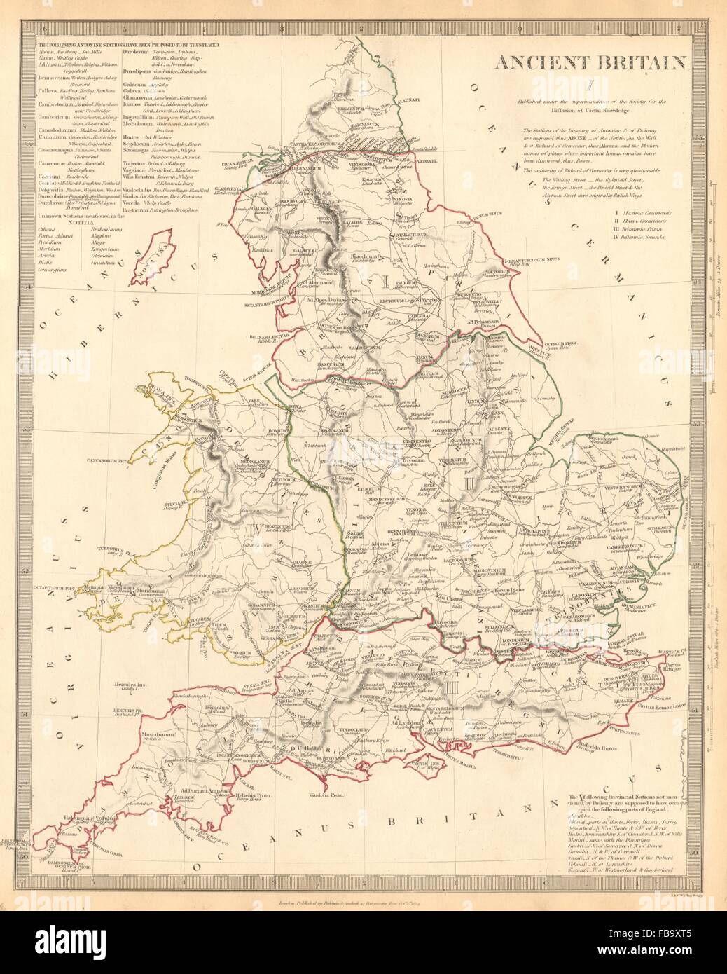 ALTEN ENGLAND. England & Wales. Römerstraße Ortsnamen. Ptolemäus SDUK, 1844-Karte Stockfoto