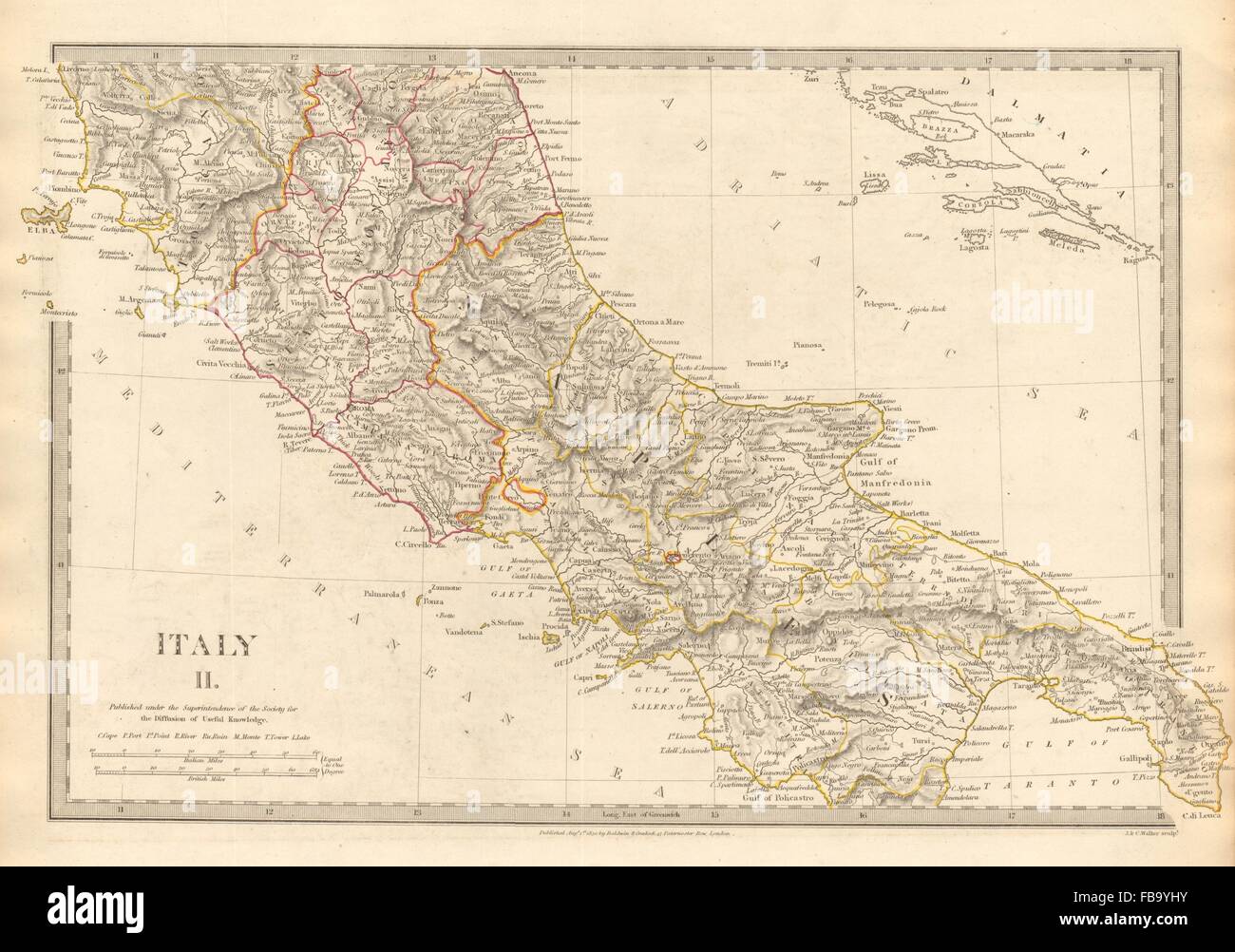 ITALIEN SÜD. Neapel Stato Pontifico Toscana.Original Hand Farbe. SDUK, 1844-Karte Stockfoto