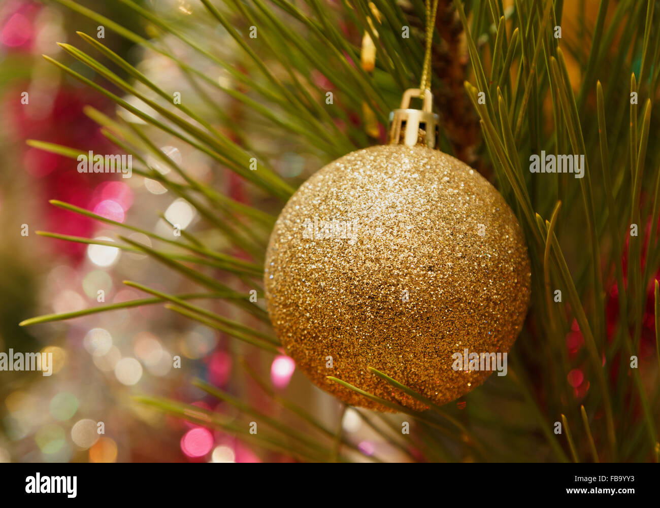 Nahaufnahme von Schmuck am Weihnachtsbaum Stockfoto