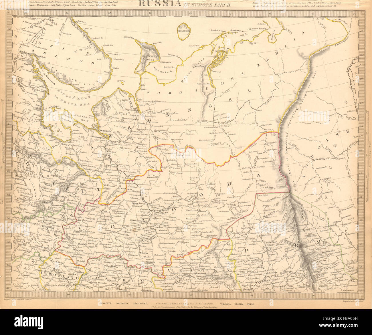 Russland. Archangelsk Vologda dieser Perm Olontez Iaroslavl.SDUK, 1844 alte Karte Stockfoto