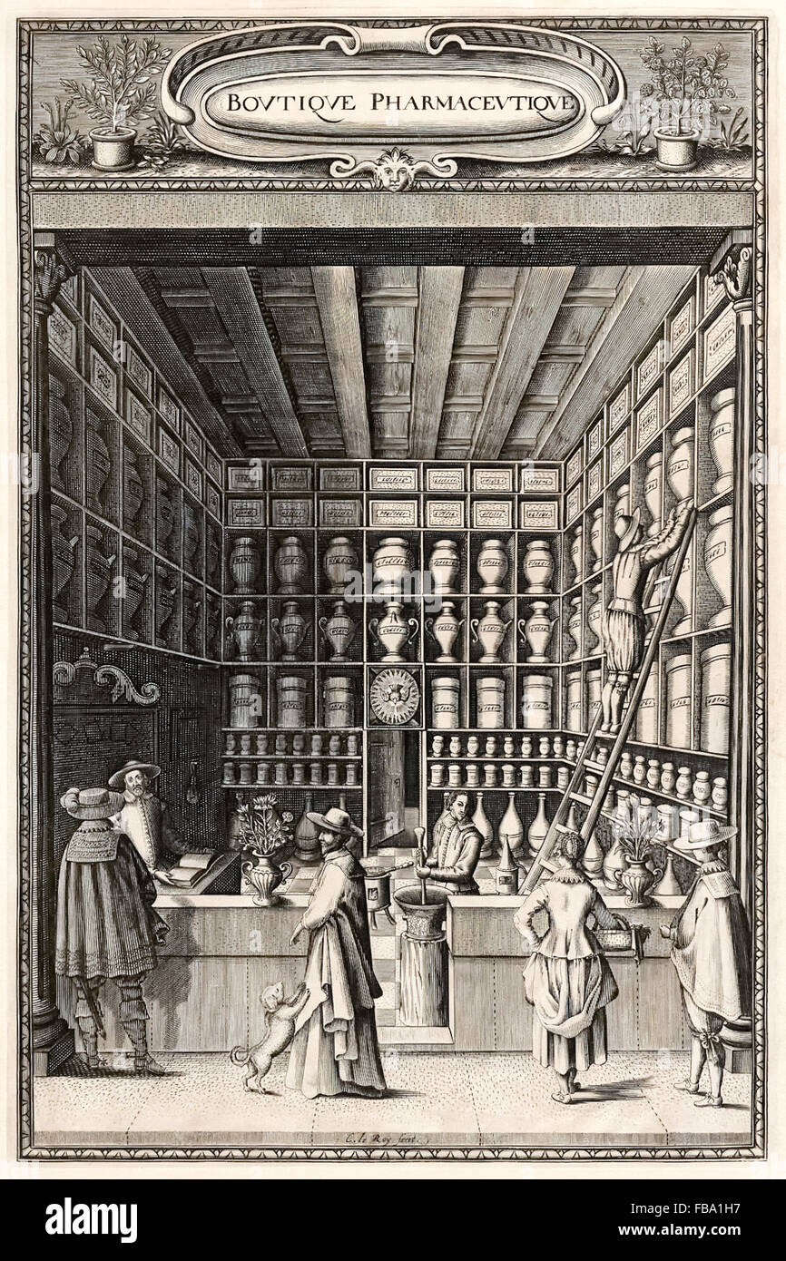 Frontispiz zeigt das Innere eines französischen Apotheker (Apotheker) im frühen 17. Jahrhundert. Siehe Beschreibung für mehr Informationen. Stockfoto