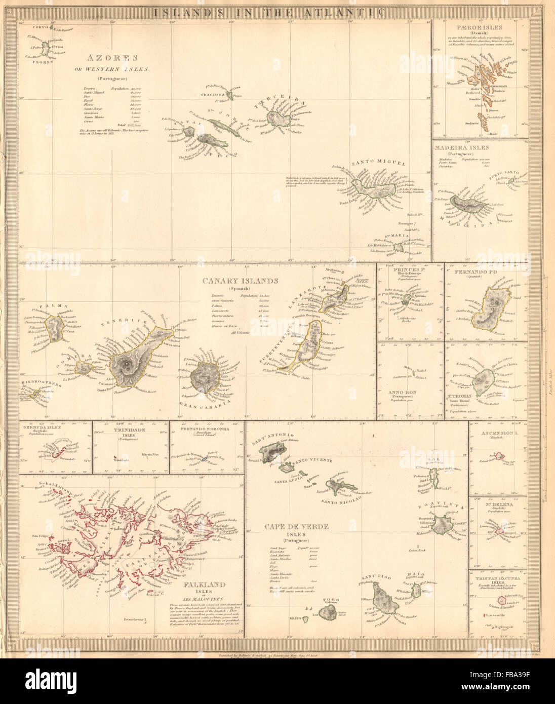 INSELN IM ATLANTISCHEN OZEAN. Azoren Färöer Madeira Kanarischen Bermuda Falklands.SDUK, 1844-Karte Stockfoto