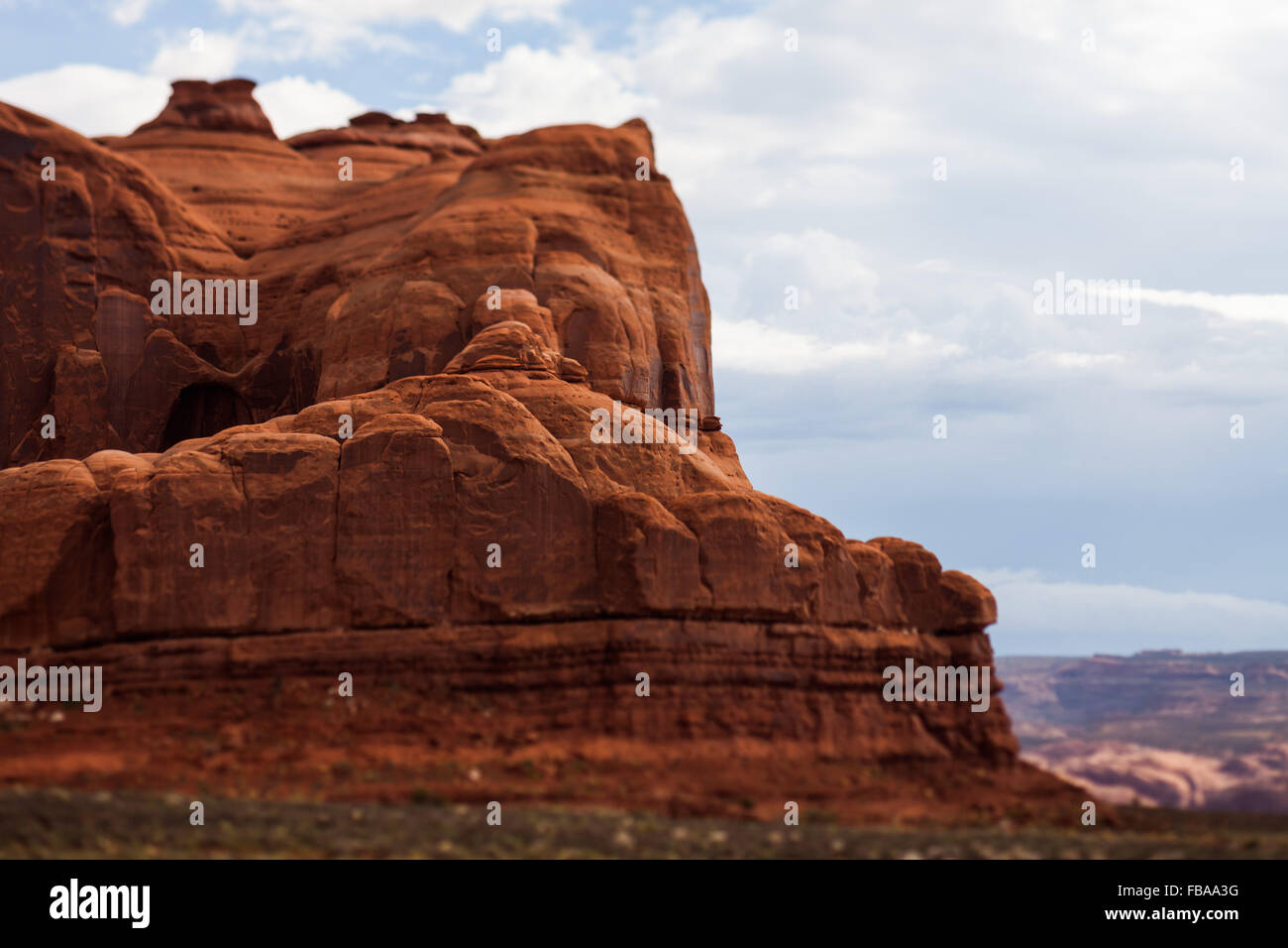 Roter Sandstein Butte, Arches National Park, Tilt Shift Effekt Stockfoto
