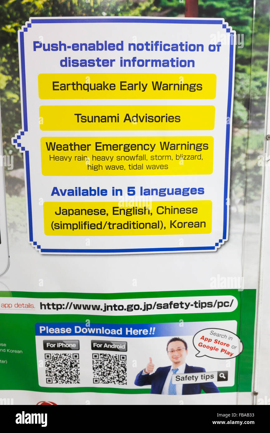 Japan, Honshu, Tokio, englischsprachige Katastrophe Hinweisschild Stockfoto